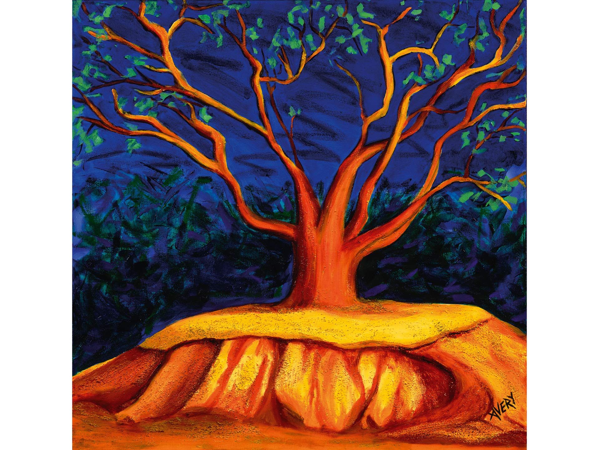Lauren Avery Hutton | Salgados Cork Tree, oil and sand, 24x24x4, 2003